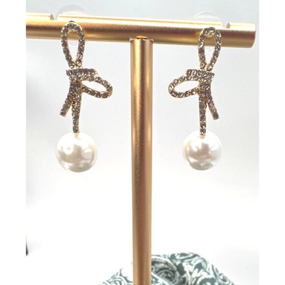 2/$24 Elegant Bow Pearl Drop Earrings With Rhinestone Accents Gold-Tone Finish - Picture 3 of 6